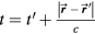 $t={{t}^{\prime}}+\frac{|\overrightarrow{\boldsymbol{r}}-{{\overrightarrow{\boldsymbol{r}}}^{\prime}}|}{c}$