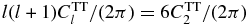 $l(l+1)C^{{\rm TT}}_l/(2\pi) = 6 C^{{\rm TT}}_2/(2\pi)$
