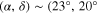 $(\alpha ,\delta )\sim (23^\circ ,20^\circ $