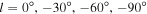 $l=0^\circ ,-30^\circ ,-60^\circ ,-90^\circ $