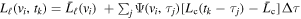 ${L}_{{\ell }}({v}_{i},{t}_{k})={\bar{L}}_{{\ell }}({v}_{i})\,+{\sum }_{j}{\rm{\Psi }}({v}_{i},{\tau }_{j})\left[{L}_{{\rm{c}}}({t}_{k}-{\tau }_{j})-{\bar{L}}_{{\rm{c}}}\right]{\rm{\Delta }}\tau $