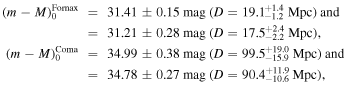 \begin{eqnarray*}\begin{array}{c}\begin{array}{c}\begin{array}{rcl}{\left(m-M\right)}_{0}^{{\rm{F}}{\rm{o}}{\rm{r}}{\rm{n}}{\rm{a}}{\rm{x}}} & = & 31.41\pm 0.15\,{\rm{m}}{\rm{a}}{\rm{g}}\,(D={19.1}_{-1.2}^{+1.4}\,{\rm{M}}{\rm{p}}{\rm{c}})\,{\rm{a}}{\rm{n}}{\rm{d}}\\ & = & 31.21\pm 0.28\,{\rm{m}}{\rm{a}}{\rm{g}}\,(D={17.5}_{-2.2}^{+2.4}\,{\rm{M}}{\rm{p}}{\rm{c}}),\\ {\left(m-M\right)}_{0}^{{\rm{C}}{\rm{o}}{\rm{m}}{\rm{a}}} & = & 34.99\pm 0.38\,{\rm{m}}{\rm{a}}{\rm{g}}\,(D={99.5}_{-15.9}^{+19.0}\,{\rm{M}}{\rm{p}}{\rm{c}})\,{\rm{a}}{\rm{n}}{\rm{d}}\\ & = & 34.78\pm 0.27\,{\rm{m}}{\rm{a}}{\rm{g}}\,(D={90.4}_{-10.6}^{+11.9}\,{\rm{M}}{\rm{p}}{\rm{c}}),\end{array}\end{array}\end{array}\end{eqnarray*}