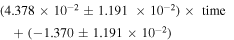 $\left(4.378\times 1{0}^{-2}\pm 1.191\times 1{0}^{-2}\right)\times \,\mathrm{time}+\left(-1.370\pm 1.191\times 1{0}^{-2}\right)$