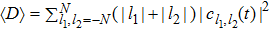 $\langle D\rangle ={\sum }_{{l}_{1},{l}_{2}=-N}^{N}(| {l}_{1}| +| {l}_{2}| )| {c}_{{l}_{1},{l}_{2}}(t){| }^{2}$
