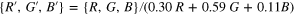 $\{{{R}^{\prime }},{{G}^{\prime }},{{B}^{\prime }}\}=\{R,G,B\}/(0.30\;R+0.59\;G+0.11B)$
