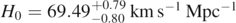 ${H}_{0}=69.4{9}_{-0.80}^{+0.79}\enspace \mathrm{k}\mathrm{m}\enspace {\mathrm{s}}^{-1}\enspace {\mathrm{M}\mathrm{p}\mathrm{c}}^{-1}$