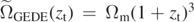 ${\tilde {{\Omega}}}_{\text{GEDE}}({z}_{\mathrm{t}})\enspace =\enspace {{\Omega}}_{\mathrm{m}}{(1+{z}_{\mathrm{t}})}^{3}$