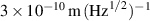 $3\times10^{-10}\,\mathrm{m}\,(\mathrm{Hz}^{1/2})^{-1}$
