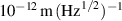 $10^{-12}\,\mathrm{m}\,(\mathrm{Hz}^{1/2})^{-1}$