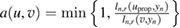 $a(u, v)=\min\Big\{1, \frac{l_{n, r}(u_{\rm prop}, y_{n})}{l_{n, r}(v, y_{n})}\Big\} $