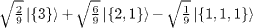 $\sqrt {\frac {2}{9}} \left | \{3\} \right\rangle + \sqrt {\frac {6}{9}} \left | \{2,1\} \right\rangle - \sqrt {\frac {1}{9}} \left | \{1,1,1\} \right\rangle $