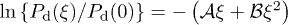 $\ln\left\{P_{\text{d}}(\xi)/P_{\text{d}}(0)\right\}=-\left({\cal A}\xi+ {\cal B}\xi^2\right)$