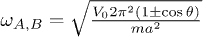 $\omega_{A,B}=\sqrt{\frac{V_{0}2\pi^{2}(1\pm\cos\theta)}{ma^{2}}}$
