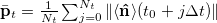 $\bar{\mathbf{p}}_t = \frac{1}{N_t} \sum_{j=0}^{N_t} \|\langle\mathbf{\hat{n}} \rangle(t_0 + j \Delta t)\|$