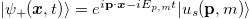 $|{\psi_+(\boldsymbol{x}, t)}\rangle = e^{i \mathbf{p} \cdot \boldsymbol{x} - i E_{p,m} t }|{u_s (\mathbf{p}, m)}\rangle$