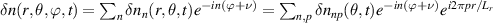$\delta n(r,\theta, \varphi, t) = \sum_n{\delta n_{n}(r,\theta,t)} e^{-in(\varphi + \nu)} = \sum_{n,p}{\delta n_{np}(\theta,t)e^{-in(\varphi + \nu)}e^{i2\pi pr/L_r}}$
