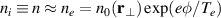 $n_i\equiv n\approx n_e = n_0(\mathbf{r}_\perp)\text{exp}\,(e\phi/T_e)$