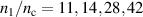 $n_1/n_\mathrm{c} = 11, 14, 28, 42$