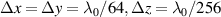$\Delta x = \Delta y = \lambda_{0}/64, \Delta z = \lambda_{0}/256$