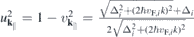 ${u}_{{\mathbf{k}}_{{\Vert}}}^{2}=1-{v}_{{\mathbf{k}}_{{\Vert}}}^{2}=\frac{\sqrt{{{\Delta}}_{i}^{2}+{\left(2\hslash {v}_{\mathrm{F},i}k\right)}^{2}}+{{\Delta}}_{i}}{2\sqrt{{{\Delta}}_{i}^{2}+{\left(2\hslash {v}_{\mathrm{F},i}k\right)}^{2}}}$