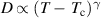 $D \propto (T\,-\,T_\mathrm c)^{\gamma}$