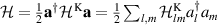 $\mathcal{H} = \frac{1}{2}{\mathbf{a}}^{\dagger}\mathcal{H}^{\mathrm{K}}{\mathbf{a}} = \frac{1}{2}\sum_{l,m}\mathcal{H}_{lm}^{\mathrm{K}}a^{\dagger}_la_m$
