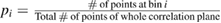 ${{p}_{i}}=\frac{\# \,{\rm of}\,{\rm points}\,{\rm at}\,{\rm bin}\,i}{{\rm Total}\, \# \,{\rm of}\,{\rm points}\,{\rm of}\,{\rm whole}\,{\rm correlation}\,{\rm plane}}$