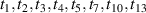 $t_{1},t_{2},t_{3},t_{4},t_{5},t_{7},t_{10},t_{13}$