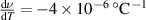 $\frac{\mathrm d\nu}{\mathrm dT} = -4\times 10^{-6}\,^\circ \mathrm{C}^{-1}$