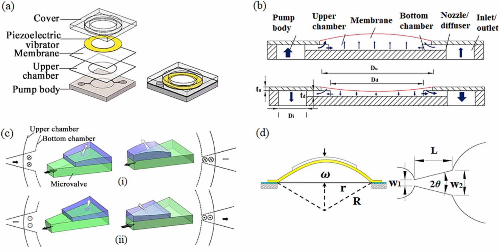 Implantable doublelayer pump chamber piezoelectric valveless micropump