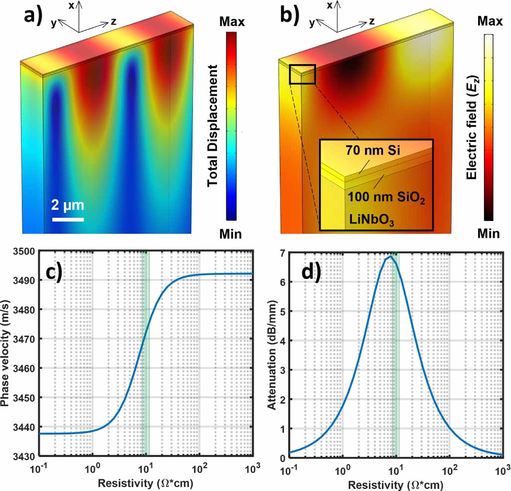 Acoustic wave amplification with thin film silicon bonded on lithium ...