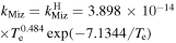 $\begin{array}{l}{k}_{{\rm{M}}{\rm{i}}{\rm{z}}}={k}_{{\rm{M}}{\rm{i}}{\rm{z}}}^{{\rm{H}}}=3.898\times {10}^{-14}\\ \times {T}_{{\rm{e}}}^{0.484}\exp (-7.1344/{T}_{{\rm{e}}})\end{array}$