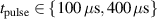 $t_\textrm{pulse}\in\{{100}\,\mu{\textrm{s}},{400}\,\mu{\textrm{s}}\}$