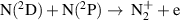 ${\text{N}}{(^2}{\text{D}}) + {\text{N}}{(^2}{\text{P}}) \to {\text{ N}}_2^ + + {\text{e}}$