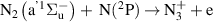 ${{\text{N}}_2}{ }\left( {{{\text{a}}^{{\text{'}}1}}{{\Sigma }}_{\text{u}}^ - { }} \right) + {\text{ N}}{(^2}{\text{P}}) \to {\text{N}}_3^ + + {\text{e}}$