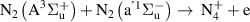 ${{\text{N}}_2}\left( {{{\text{A}}^3}{{\Sigma }}_{\text{u}}^ + } \right) + {{\text{N}}_2}{ }\left( {{{\text{a}}^{{\text{'}}1}}{{\Sigma }}_{\text{u}}^ - { }} \right) \to {\text{ N}}_4^ + + {\text{e}}$