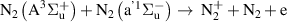 ${{\text{N}}_2}\left( {{{\text{A}}^3}{{\Sigma }}_{\text{u}}^ + } \right) + {{\text{N}}_2}{ }\left( {{{\text{a}}^{{\text{'}}1}}{{\Sigma }}_{\text{u}}^ - { }} \right) \to {\text{ N}}_2^ + + { }{{\text{N}}_2} + {\text{e}}$
