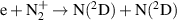${\text{e}} + {\text{N}}_2^ + \to {\text{N}}{(^2}{\text{D}}) + {\text{N}}{(^2}{\text{D}})$