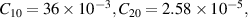 ${C_{10}} = 36 \times {10^{ - 3}},{C_{20}} = 2.58 \times {10^{ - 5}},$