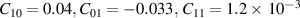 ${C_{10}} = 0.04,{C_{01}} = - 0.033,\,{C_{11}} = 1.2 \times \,{10^{ - 3}}$