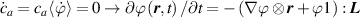 ${\dot c_a} = {c_a}{ }\langle \dot \varphi \rangle = 0{ } \to \partial \varphi \left( {{\boldsymbol{{r}}},t} \right)/\partial t = - \left( {\nabla \varphi \otimes {\boldsymbol{{r}}}{ } + { }\varphi { }1} \right):{\boldsymbol{{L}}}$