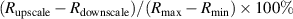 $(R_{\textrm{upscale}}-R_{\textrm{downscale}})/(R_{\max}-R_{\min})\times100\%$