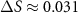 $\Delta S \approx 0.031$