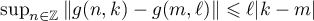 $\sup_{n \in \mathbb{Z}}\|g(n,k)-g(m,\ell)\| \leqslant \ell|k-m|$