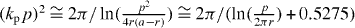 $( k_{\mathrm { p}}p)^{2}\cong 2\pi /\ln(\frac {p^{2}}{4r\left ( a-r\right ) })\cong 2\pi /(\ln ( \frac {p}{2\pi r}) +0.5275) $