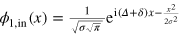 ${{\phi }_{1,{\rm in}}}(x)=\frac{1}{\sqrt{\sigma \sqrt{\pi }}}{{{\rm e}}^{{\rm i}(\Delta +\delta )x-\frac{{{x}^{2}}}{2{{\sigma }^{2}}}}}$