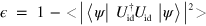 $\epsilon \;=\;1-\left\langle {} \right.|\left\langle \psi \right|U_{{\rm{id}}}^{\dagger }{{U}_{{\rm{id}}}}\left| \psi \right\rangle {{|}^{2}}\left. {} \right\rangle $
