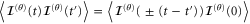 $\left\langle {{\mathcal{I}}^{(\theta )}}(t){{\mathcal{I}}^{(\theta )}}(t^{\prime} ) \right\rangle =\left\langle {{\mathcal{I}}^{(\theta )}}(\pm (t-t^{\prime} )){{\mathcal{I}}^{(\theta )}}(0) \right\rangle $
