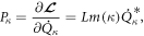 ${P}_{\kappa }=\displaystyle \frac{\partial {\boldsymbol{ {\mathcal L} }}}{\partial {\dot{Q}}_{\kappa }}=Lm(\kappa ){\dot{Q}}_{\kappa }^{* },$