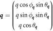 ${\boldsymbol{q}}=\left(\begin{array}{c}q\cos {\phi }_{{\boldsymbol{q}}}\sin {\theta }_{{\boldsymbol{q}}}\\ q\sin {\phi }_{{\boldsymbol{q}}}\sin {\theta }_{{\boldsymbol{q}}}\\ q\cos {\theta }_{{\boldsymbol{q}}}\ \ \ \ \end{array}\right)$